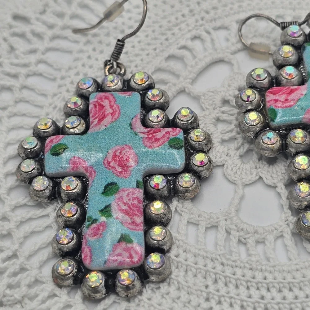 Blue Enamel Rose Floral Cross Earrings Rhinestones Silver tone Dangle 2
